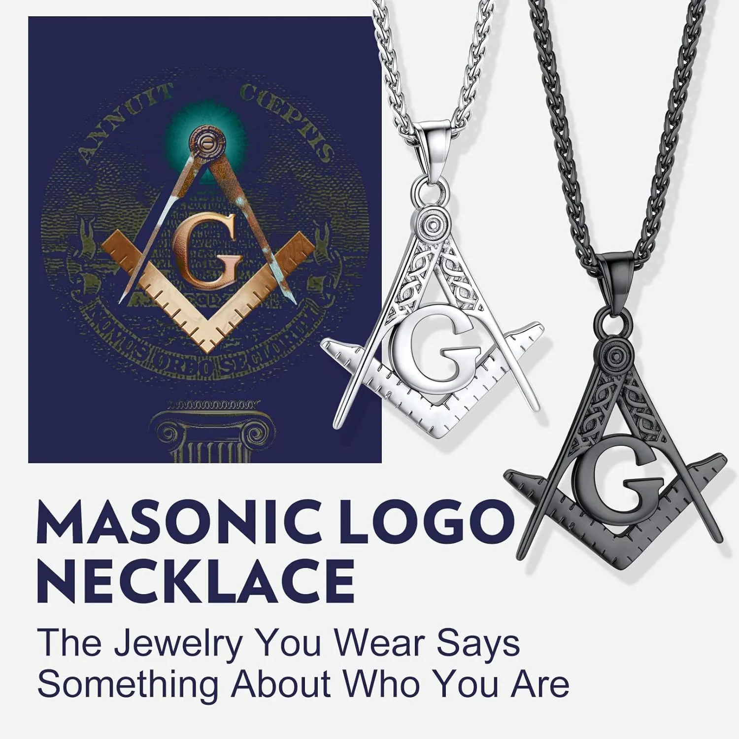 Bandmax Mens Pendant Necklace Stainless Steel Masonic Necklace for Men Freemason Pendants with 22" Spiga Chain Masonic Gifts for Father Husband