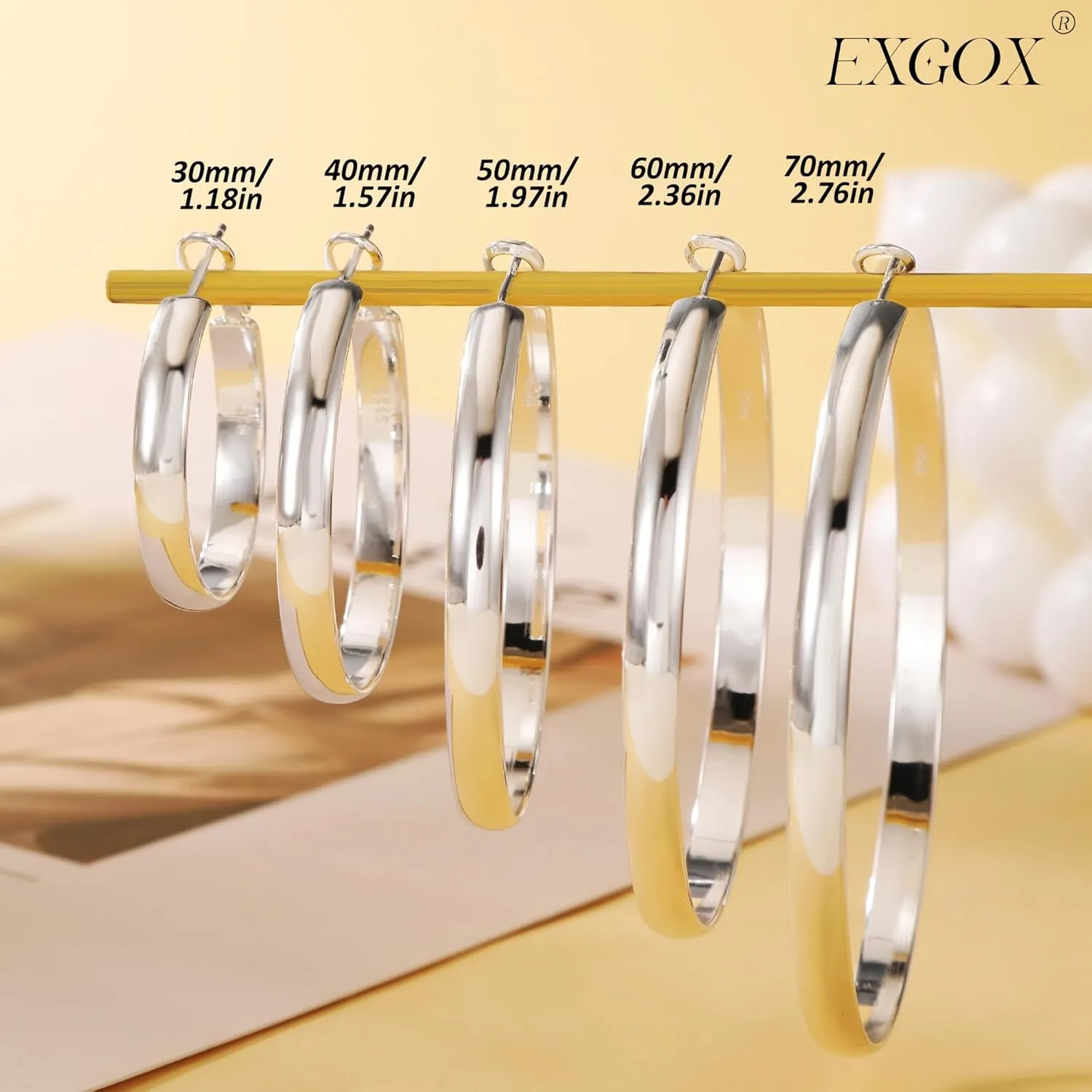 EXGOX 5mm Wide Gold Hoop Earrings for Women,Sterling Silver Hoop Earrings Large Silver Hoop Earrings Hypoallergenic Lightweight 14K Real Gold Plated Big Hoop Earrings for Women 30/40/50/60/70mm
