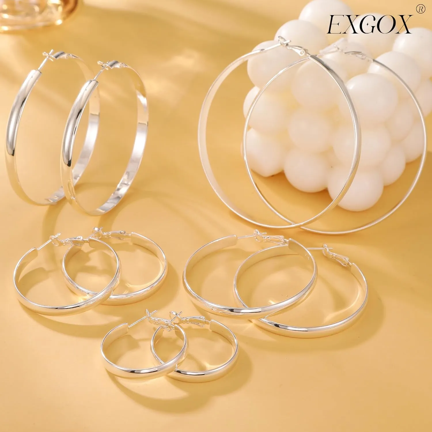EXGOX 5mm Wide Gold Hoop Earrings for Women,Sterling Silver Hoop Earrings Large Silver Hoop Earrings Hypoallergenic Lightweight 14K Real Gold Plated Big Hoop Earrings for Women 30/40/50/60/70mm