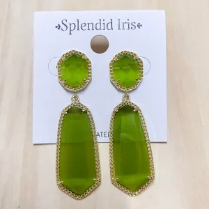 Long Double Drop Stone Stud Earrings Olive