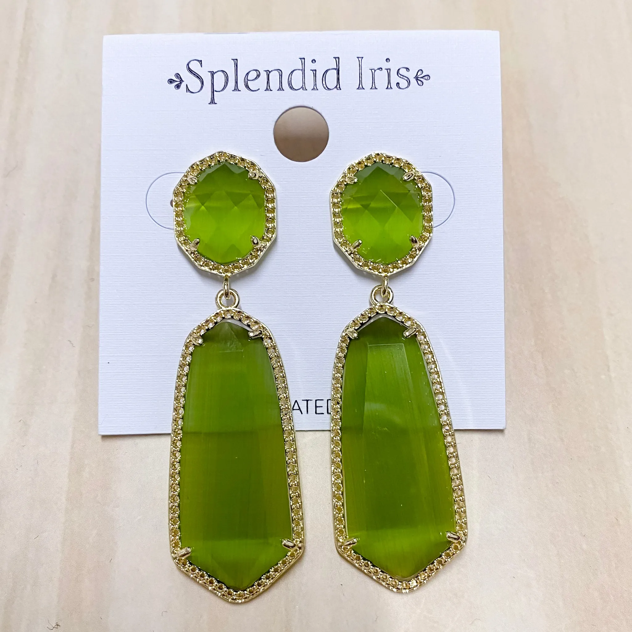 Long Double Drop Stone Stud Earrings Olive