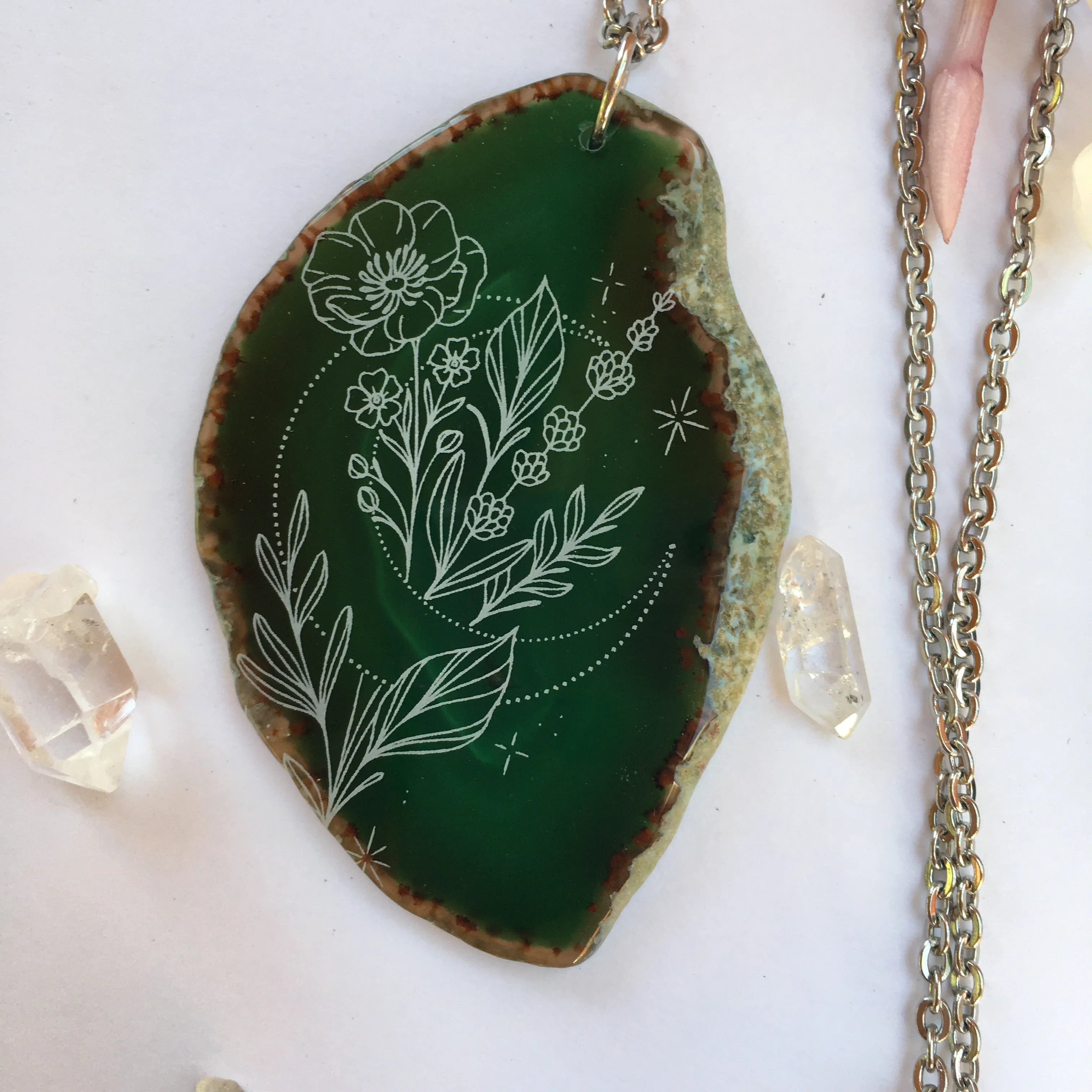 Moon Blooms Anemone Flower Agate Slice Pendant Necklace - Flower Essence Collection