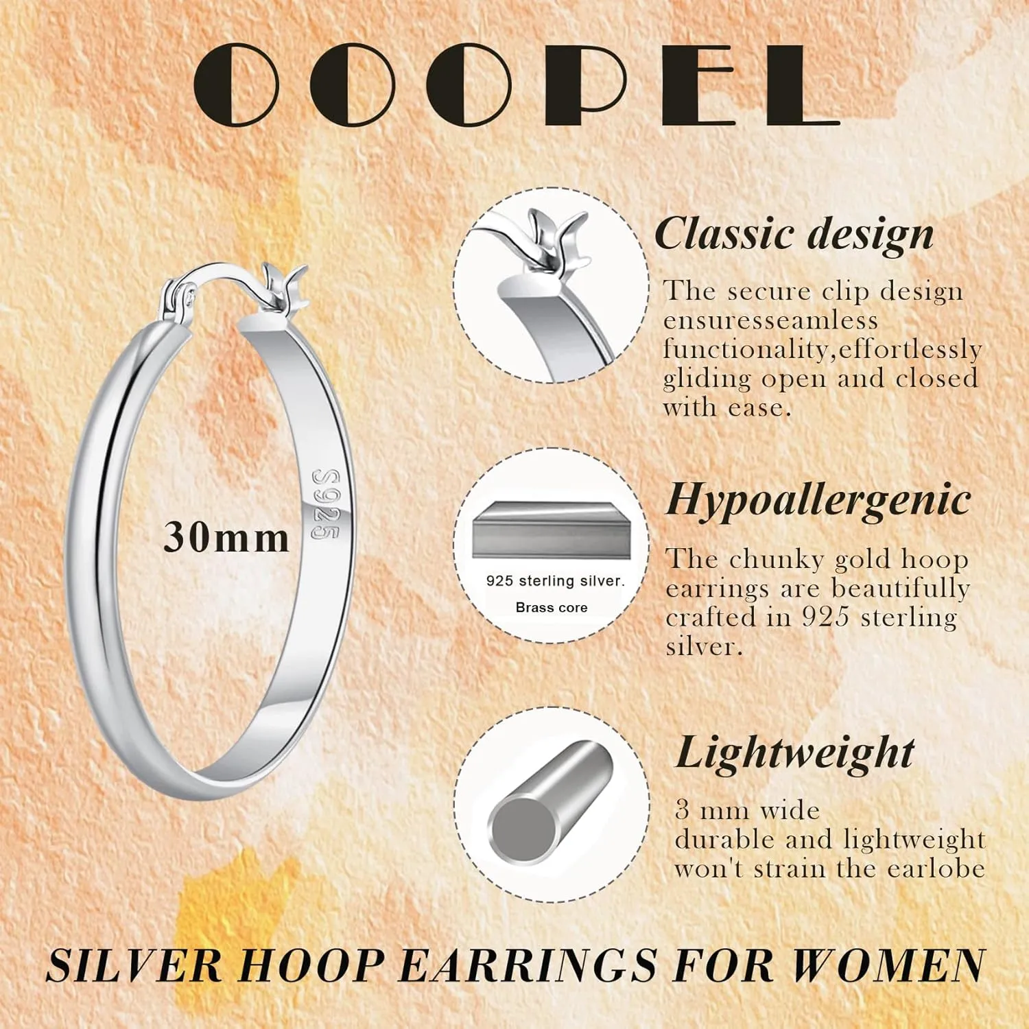 OOOPEL 3mm Wide Large Gold/Silver Hoop Earrings Sterling Silver Hoop Earrings For Women Big Gold Hoops Hypoallergenic 925 Sterling Sliver Earrings Hoops 30/40/50/60mm
