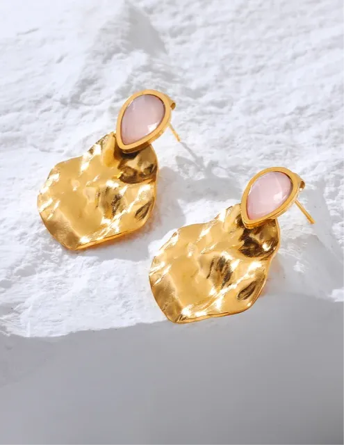 Vintage Gold Plated Exquisite Pink Natural Stone Drop Earrings