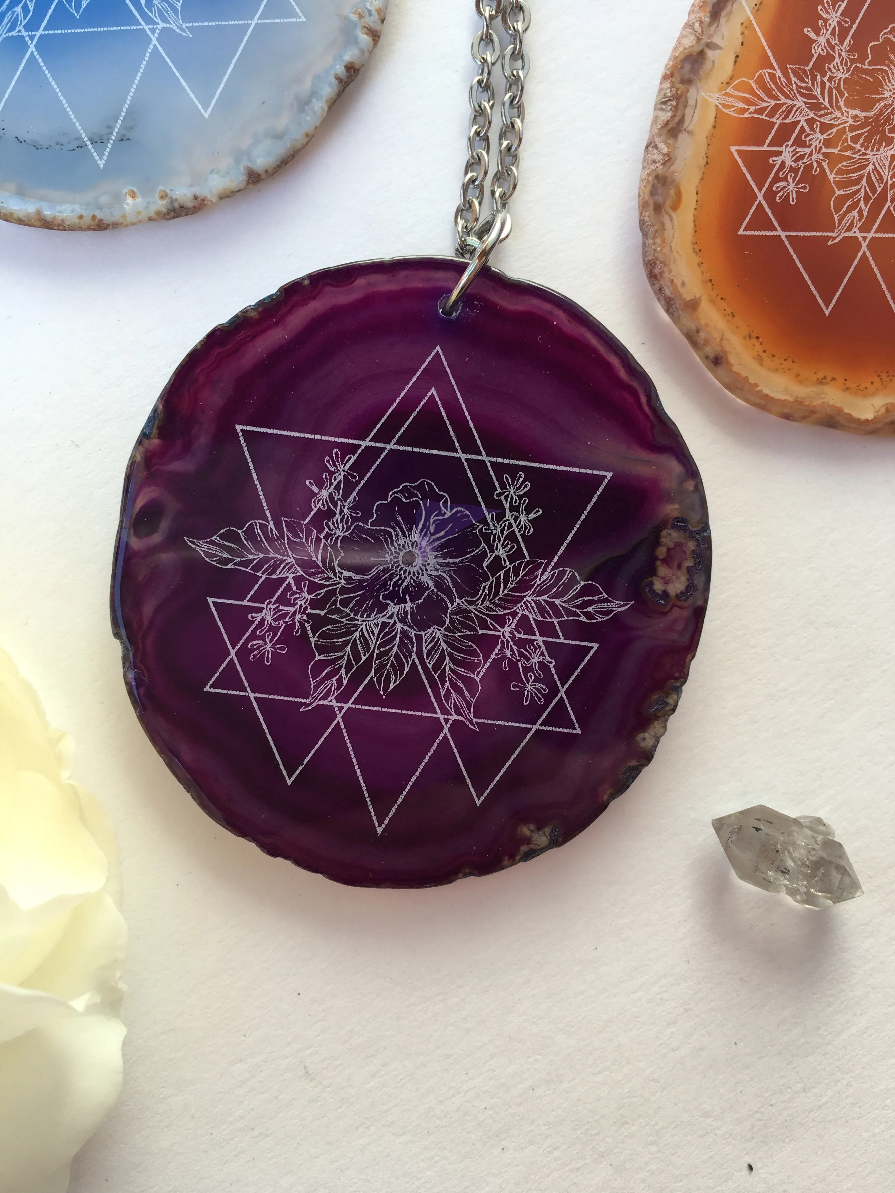 Wild Geometry Anemone Flower Agate Slice Pendant Necklace - Flower Essence Collection