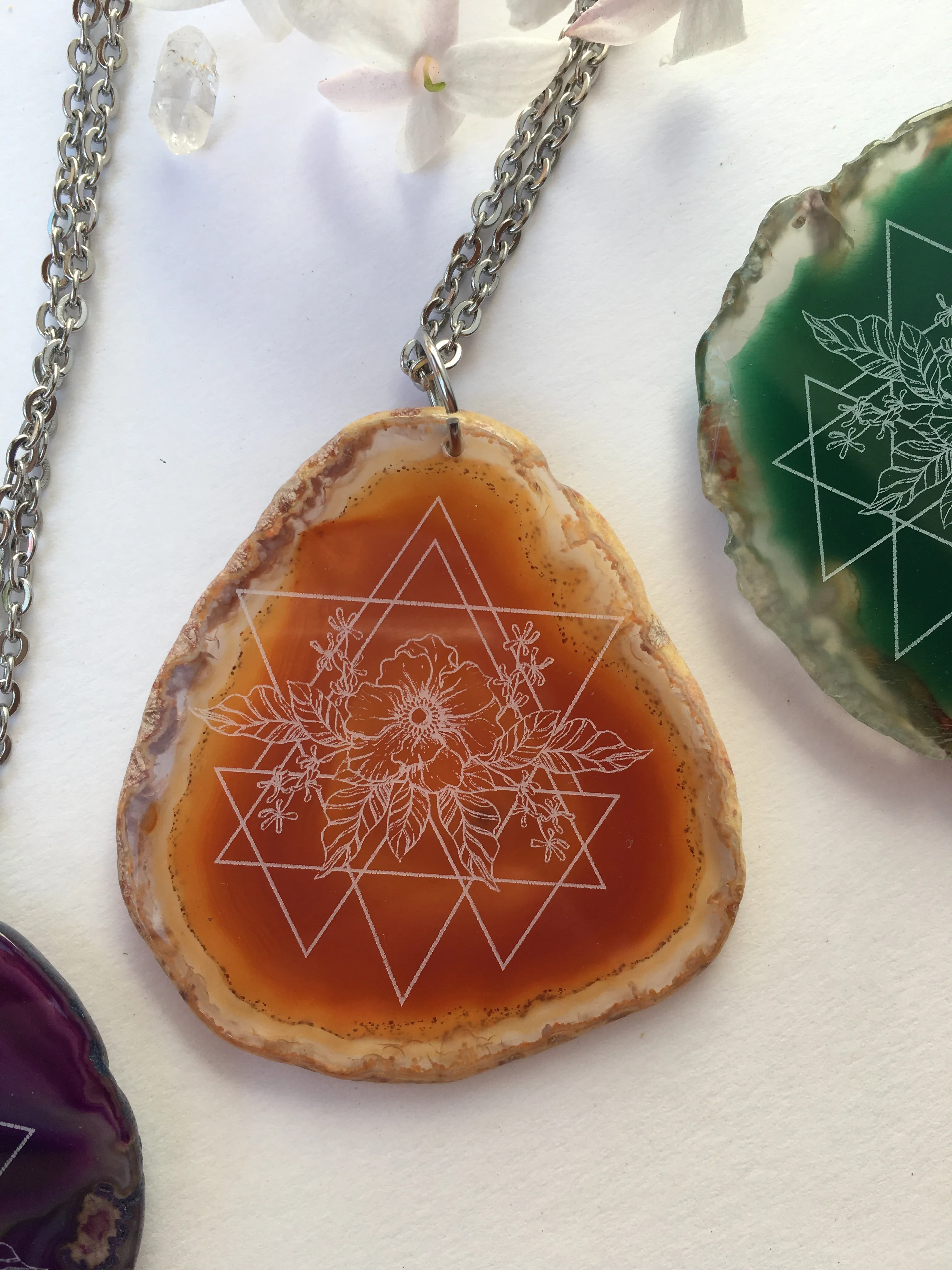 Wild Geometry Anemone Flower Agate Slice Pendant Necklace - Flower Essence Collection