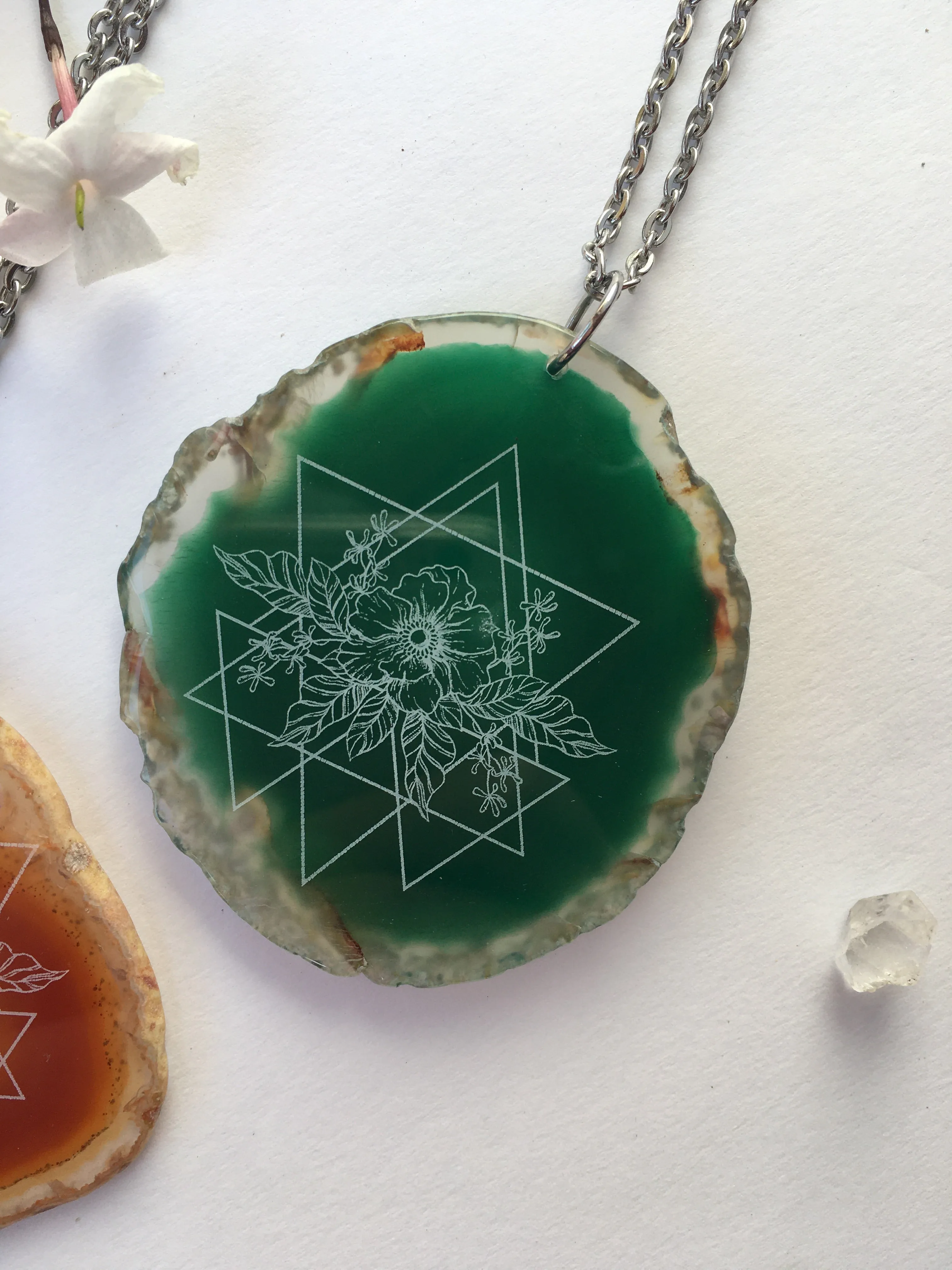 Wild Geometry Anemone Flower Agate Slice Pendant Necklace - Flower Essence Collection